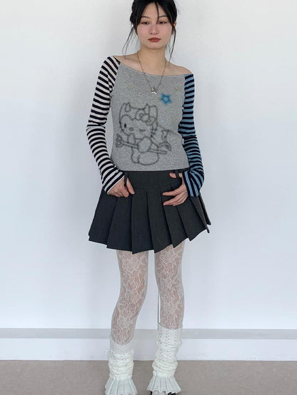 Sweet Kitty Sleeve Stripe Print Summer Top for Women