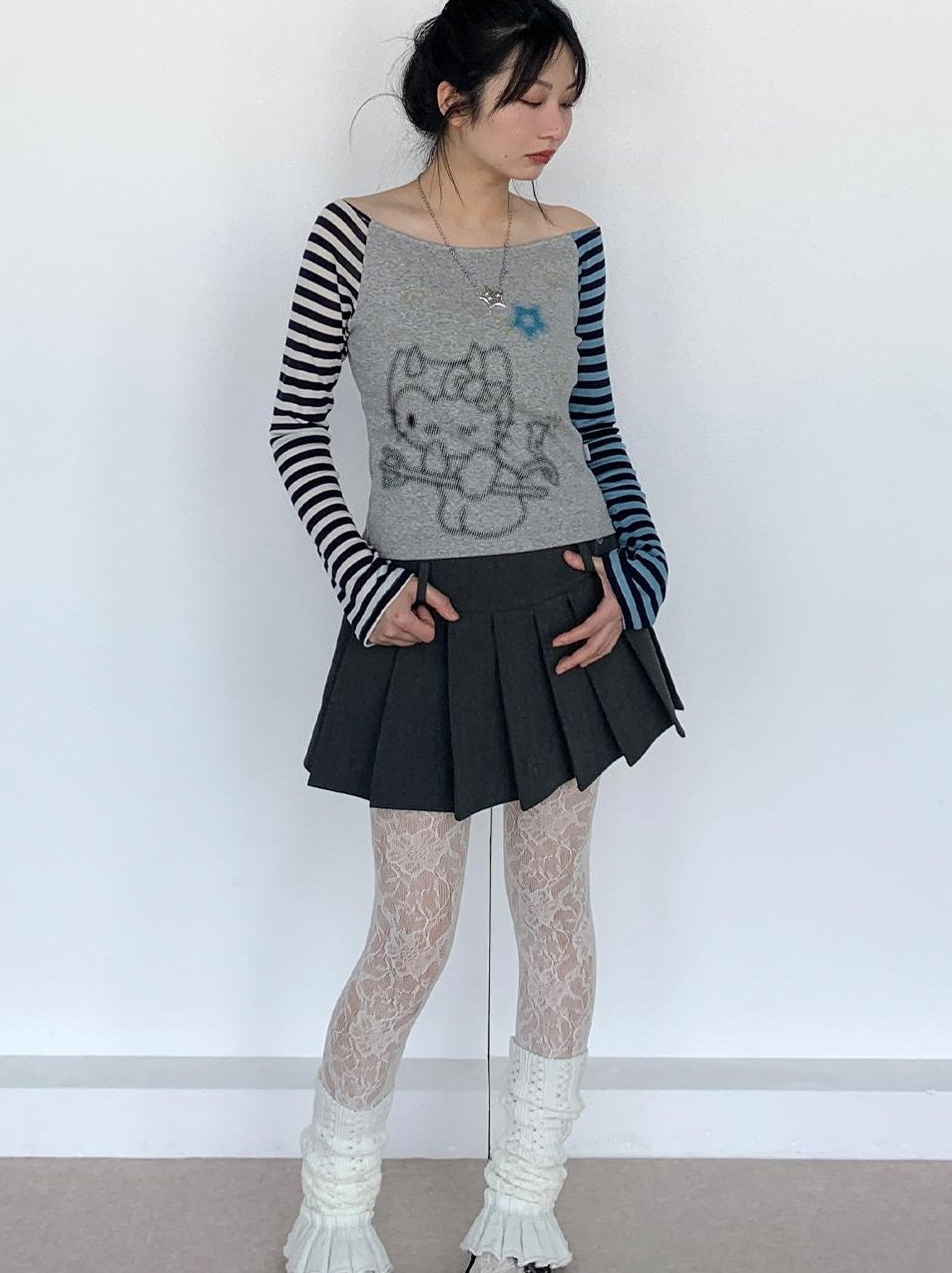 Sweet Kitty Sleeve Stripe Print Summer Top for Women