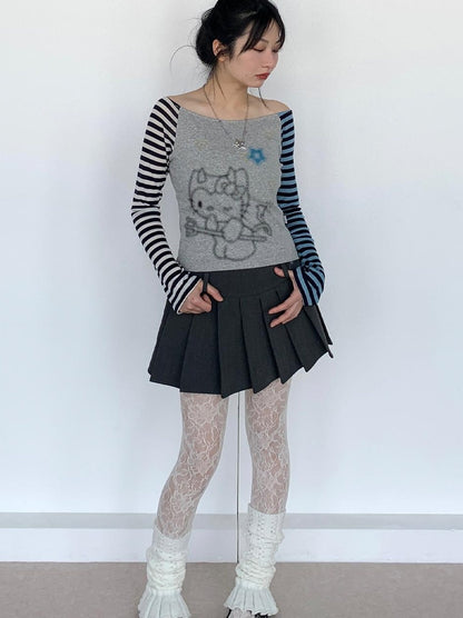 Sweet Kitty Sleeve Stripe Print Summer Top for Women