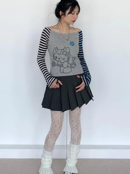 Sweet Kitty Sleeve Stripe Print Summer Top For Women