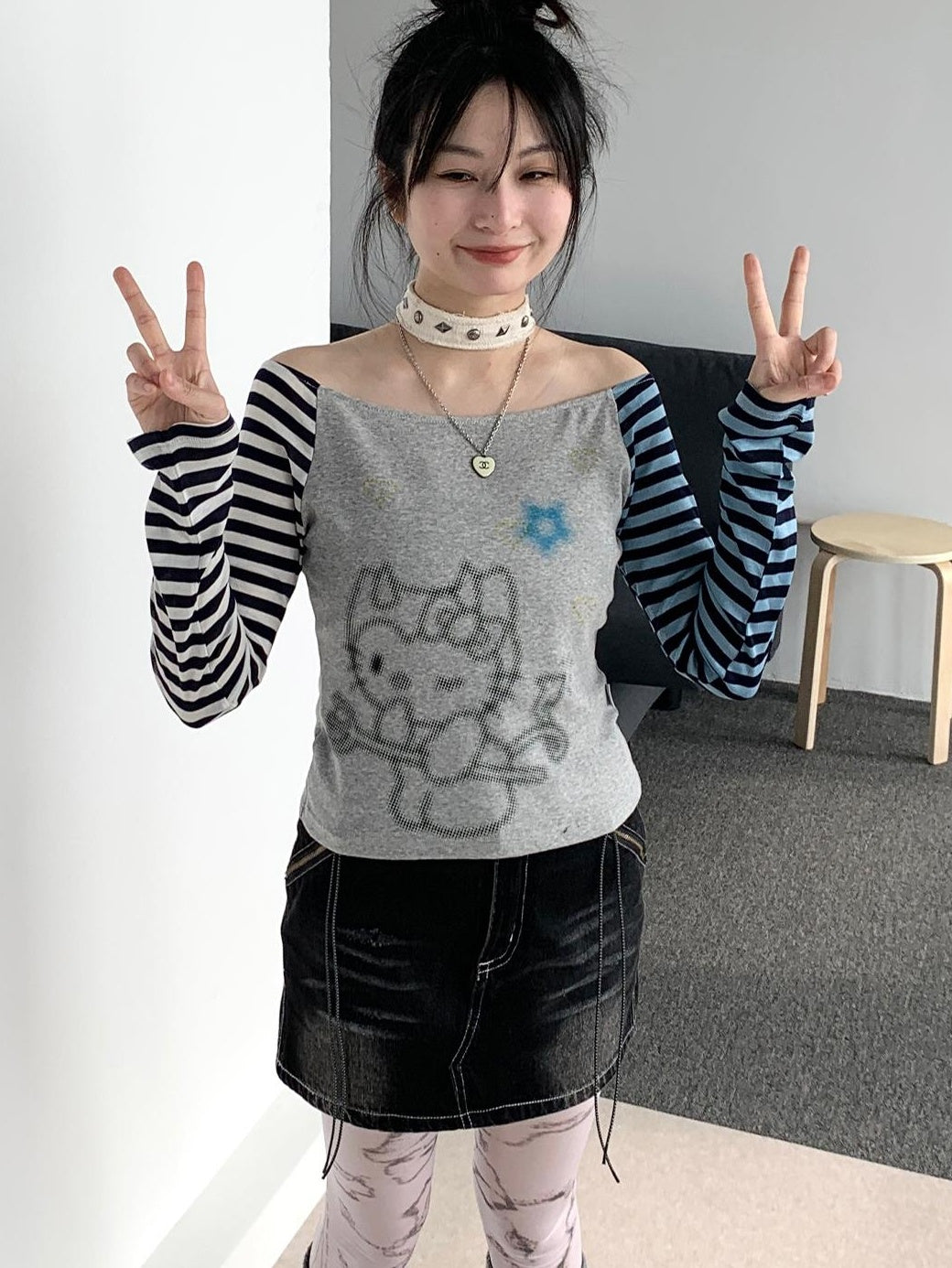 Sweet Kitty Sleeve Stripe Print Summer Top for Women