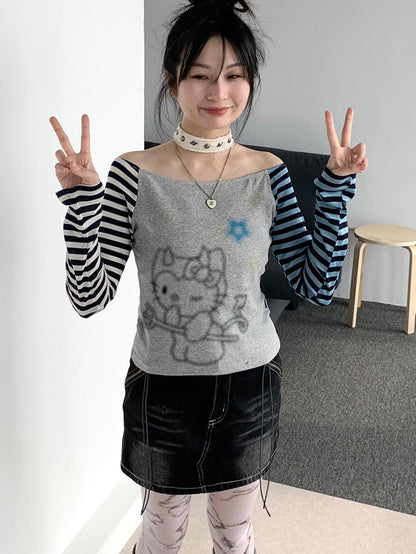 Sweet Kitty Sleeve Stripe Print Summer Top for Women
