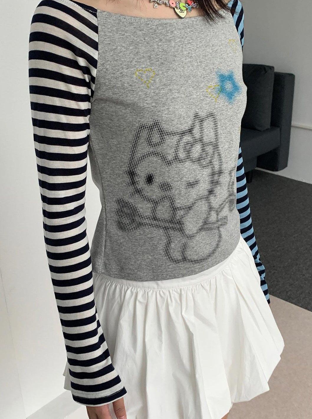 Sweet Kitty Sleeve Stripe Print Summer Top for Women