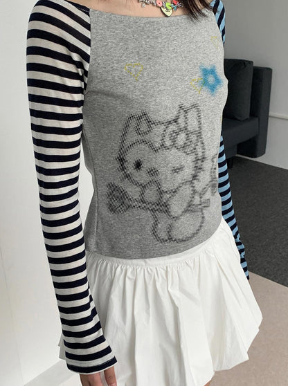 Sweet Kitty Sleeve Stripe Print Summer Top for Women
