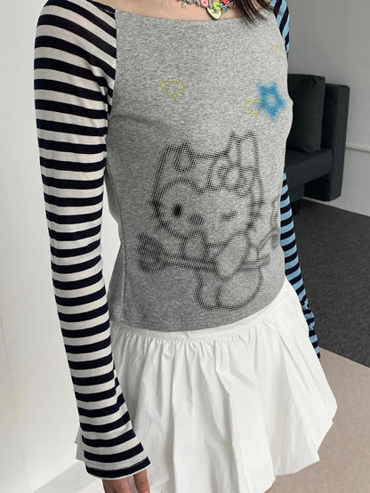Sweet Kitty Sleeve Stripe Print Summer Top For Women
