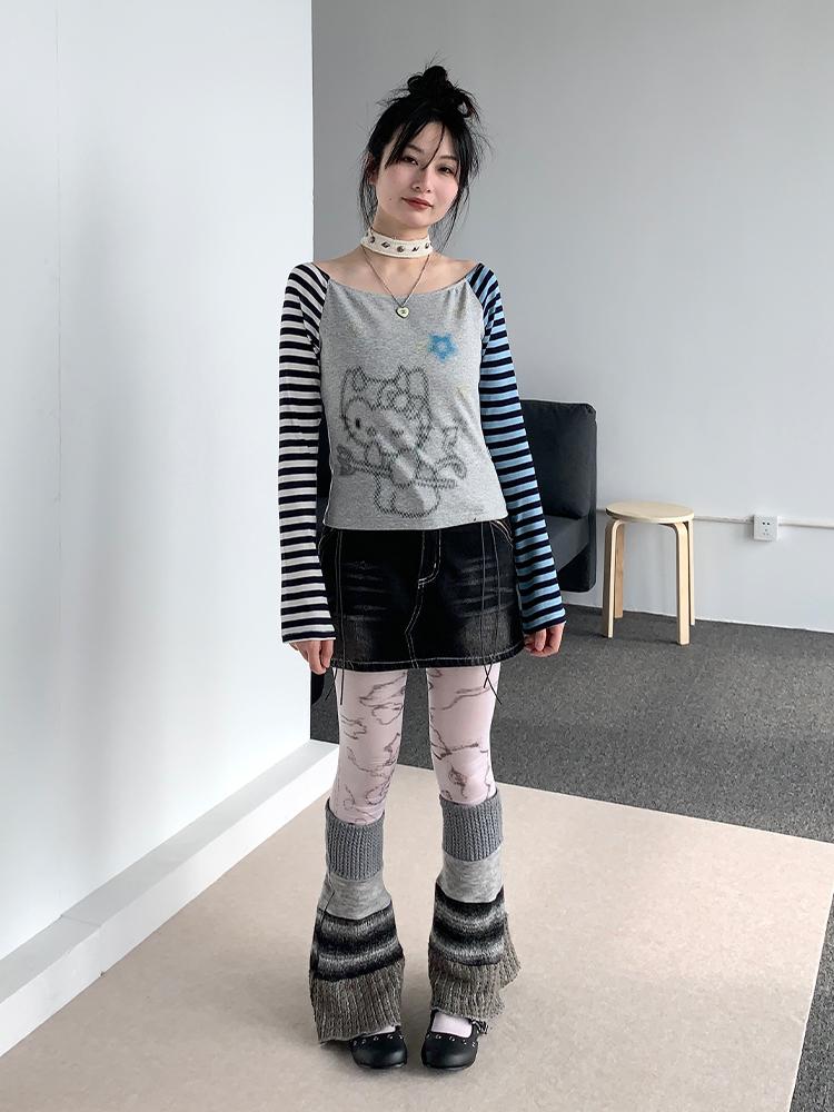Sweet Kitty Sleeve Stripe Print Summer Top for Women