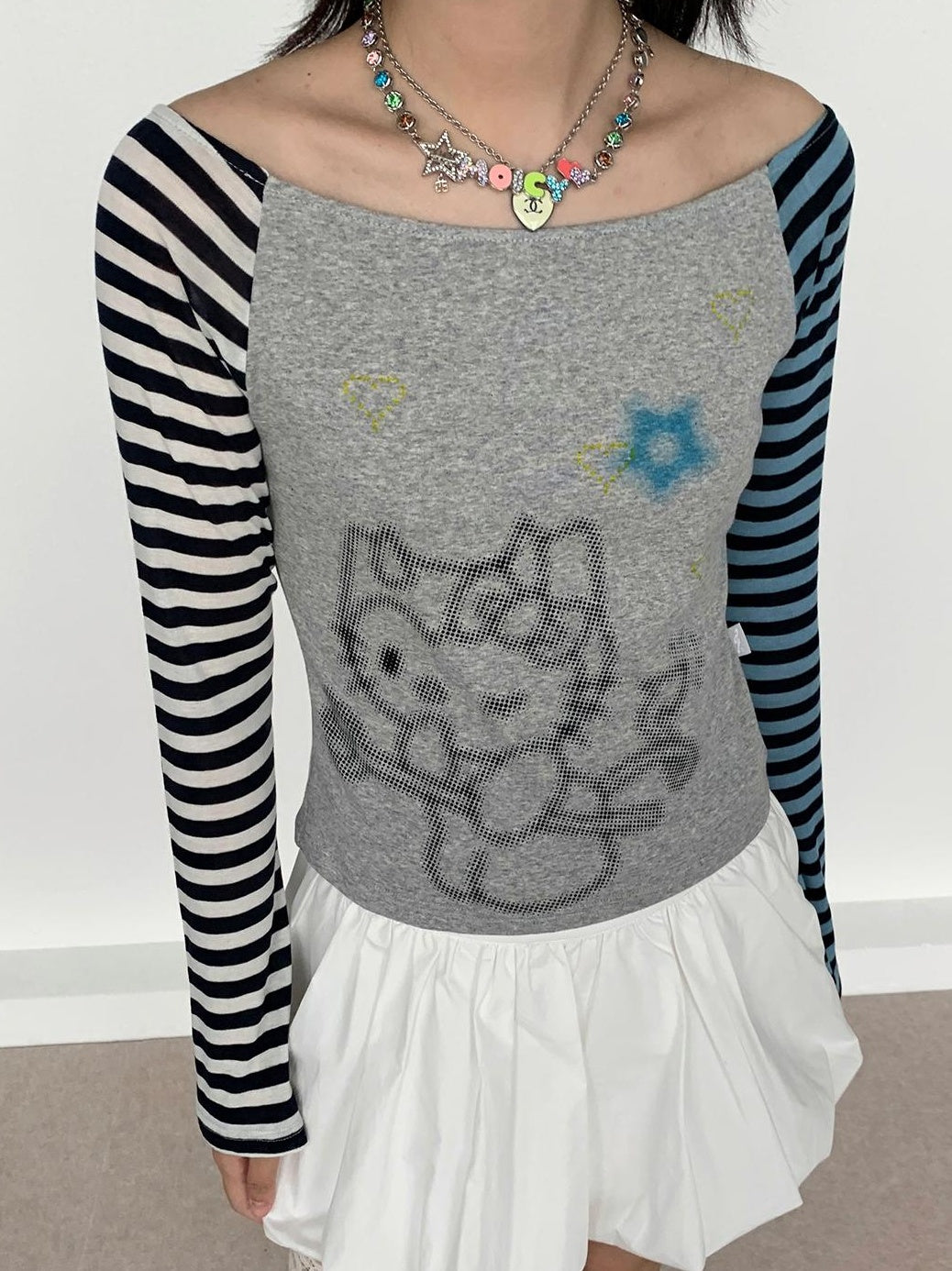 Sweet Kitty Sleeve Stripe Print Summer Top for Women
