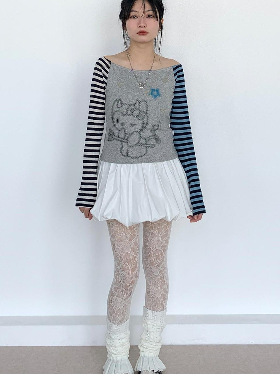 Sweet Kitty Sleeve Stripe Print Summer Top for Women