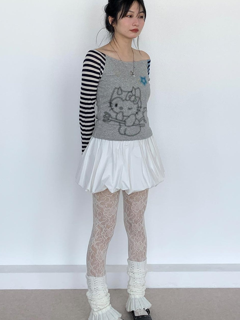 Sweet Kitty Sleeve Stripe Print Summer Top for Women