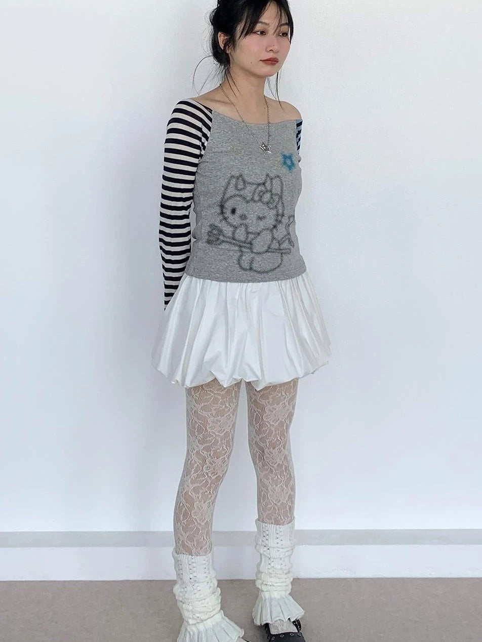 Sweet Kitty Sleeve Stripe Print Summer Top For Women
