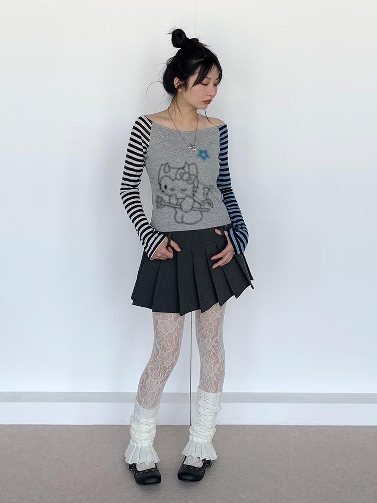 Sweet Kitty Sleeve Stripe Print Summer Top for Women