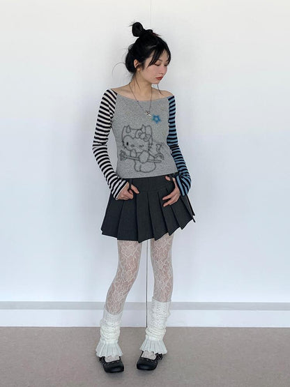 Sweet Kitty Sleeve Stripe Print Summer Top for Women