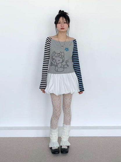 Sweet Kitty Sleeve Stripe Print Summer Top for Women
