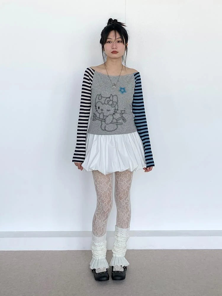 Sweet Kitty Sleeve Stripe Print Summer Top For Women