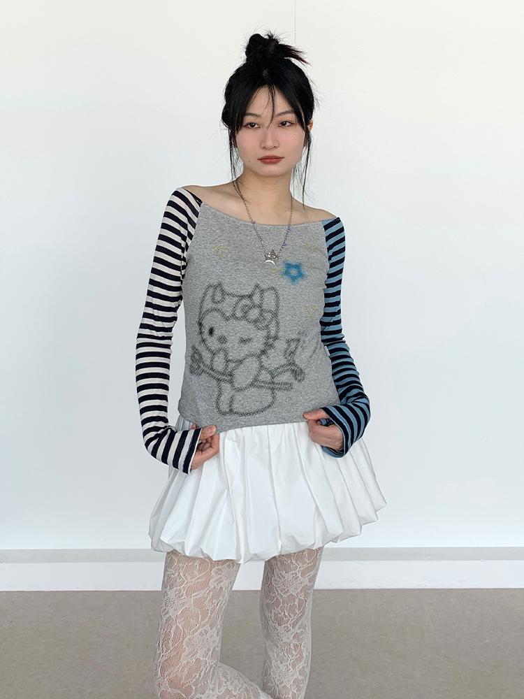 Sweet Kitty Sleeve Stripe Print Summer Top for Women