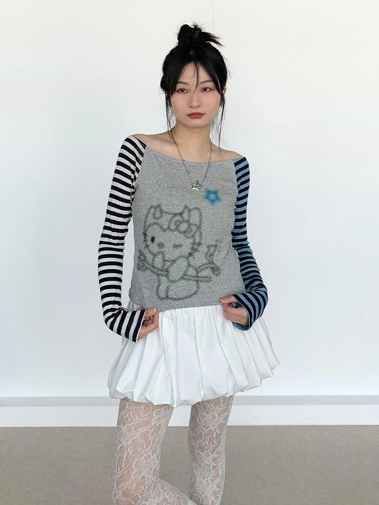 Sweet Kitty Sleeve Stripe Print Summer Top For Women