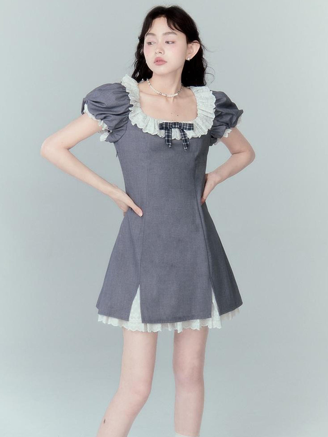 DIDDI MODA Sweet Lace Bow Tiered Mini Dress