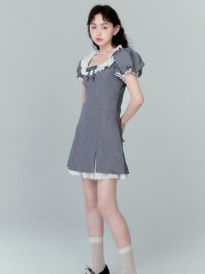 DIDDI MODA Sweet Lace Bow Tiered Mini Dress