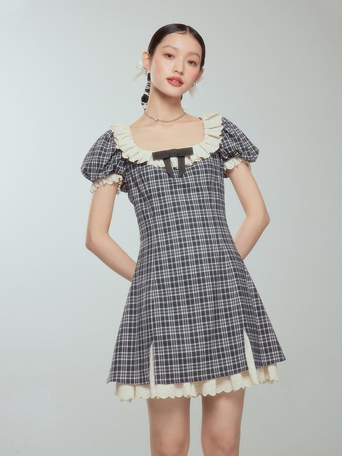 DIDDI MODA Sweet Lace Bow Tiered Mini Dress