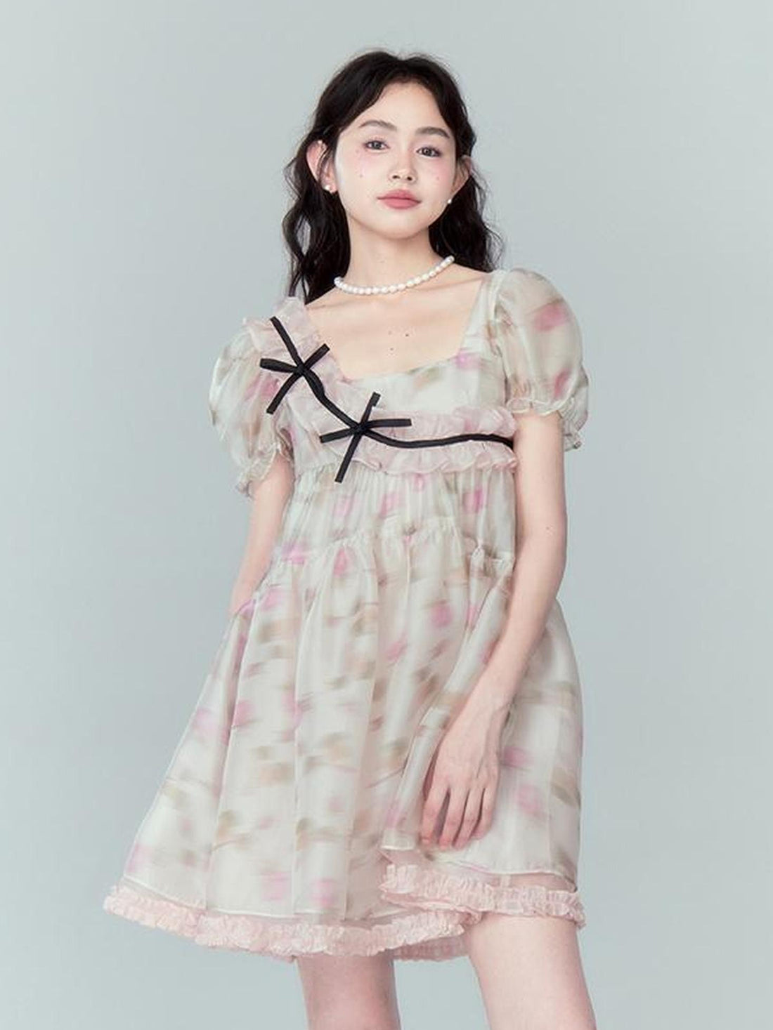 DIDDI MODA Sweet Puff Sleeve Floral Bow Princess Dress
