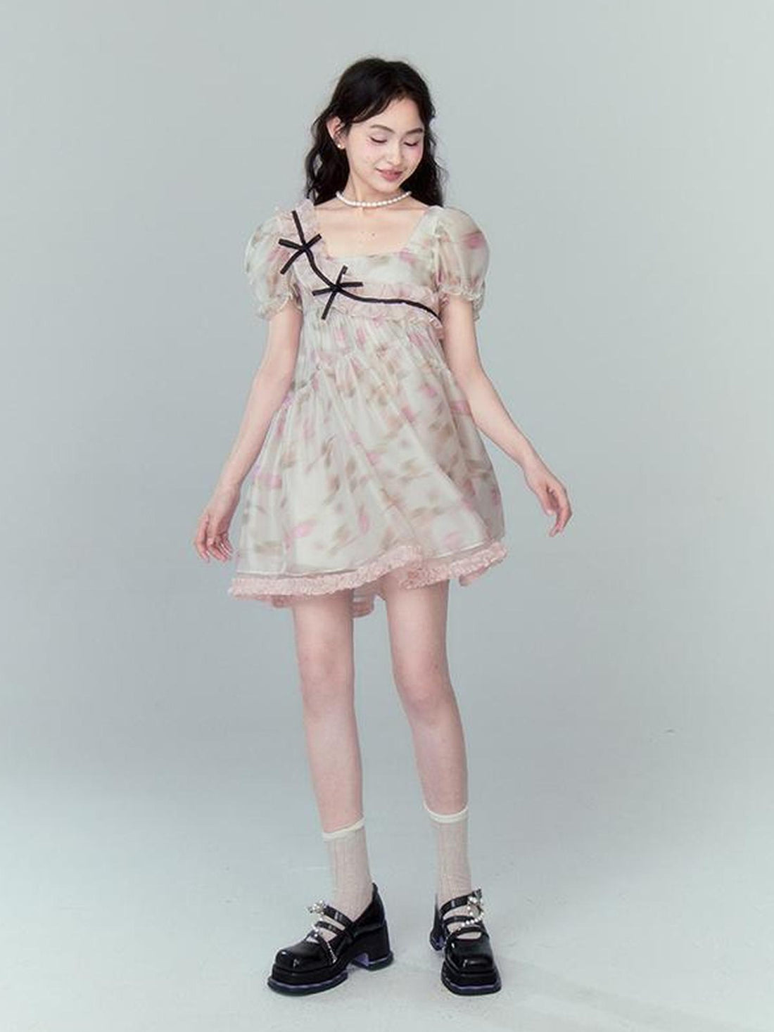 DIDDI MODA Sweet Puff Sleeve Floral Bow Princess Dress