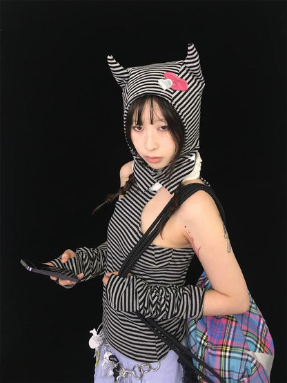 Sweet Punk Striped Knit Beanie with Metal Snaps for Fall Winter Hats