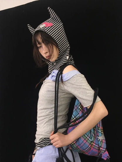 Sweet Punk Striped Knit Beanie With Metal Snaps For Fall Winter Hats