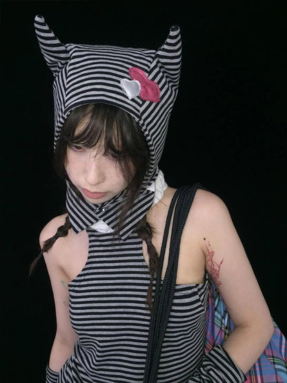 Sweet Punk Striped Knit Beanie With Metal Snaps For Fall Winter Hats