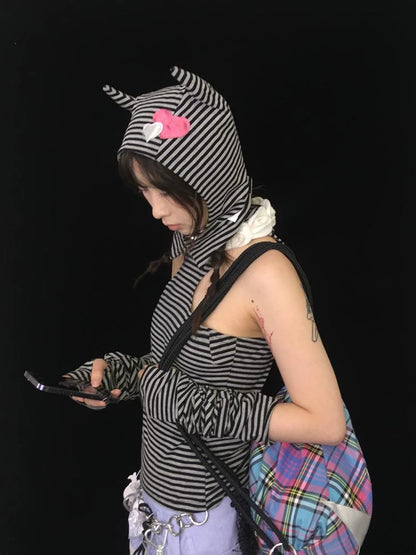 Sweet Punk Striped Knit Beanie With Metal Snaps For Fall Winter Hats