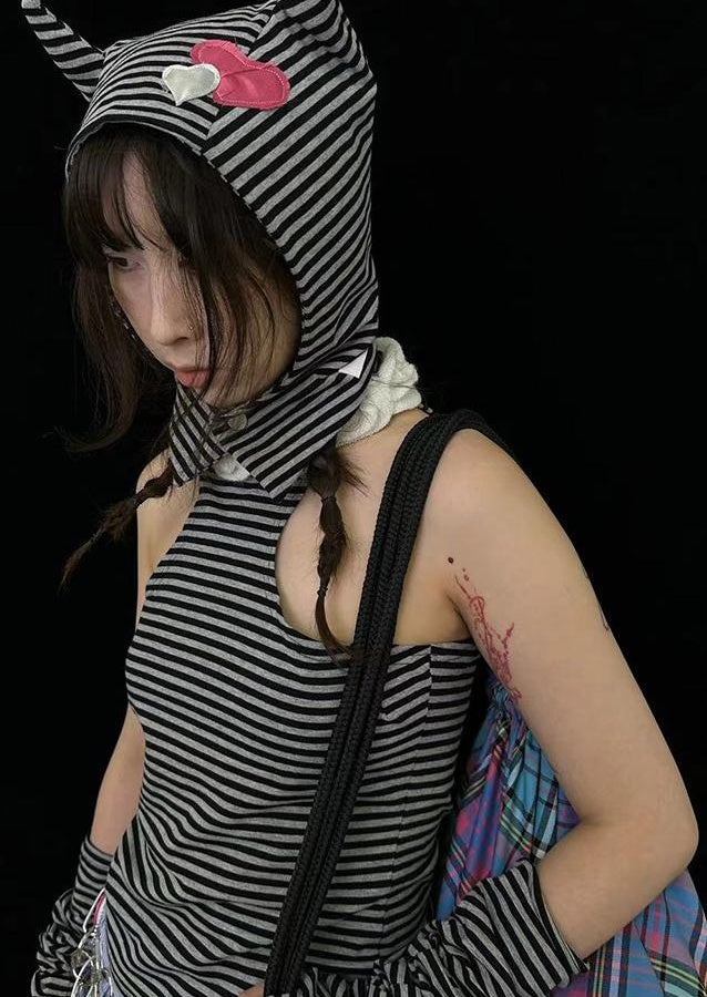 Sweet Punk Striped Knit Beanie with Metal Snaps for Fall Winter Hats