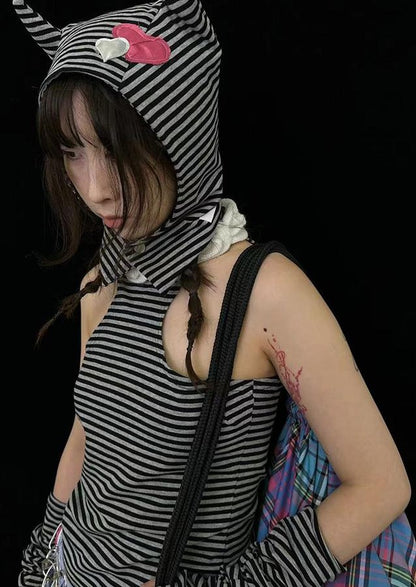 Sweet Punk Striped Knit Beanie with Metal Snaps for Fall Winter Hats