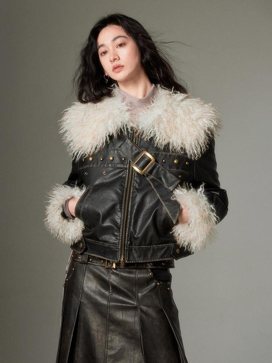 DIDDI MODA Sweet Rebel Bow Fur Leather Jacket