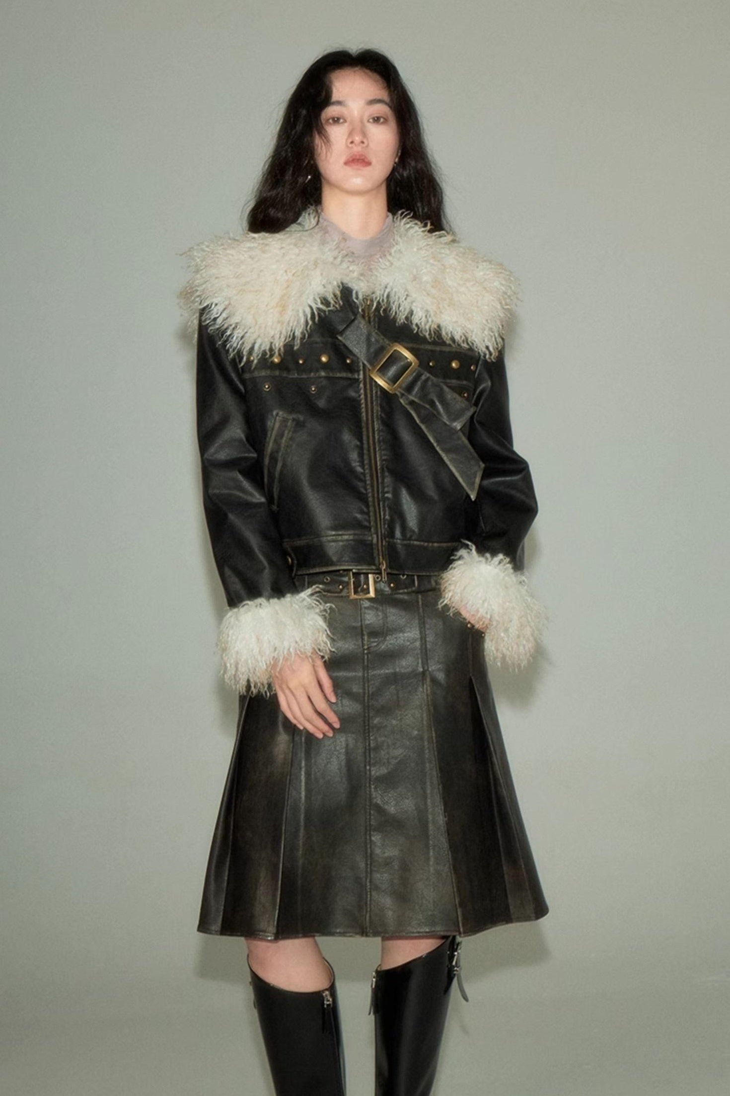 DIDDI MODA Sweet Rebel Bow Fur Leather Jacket