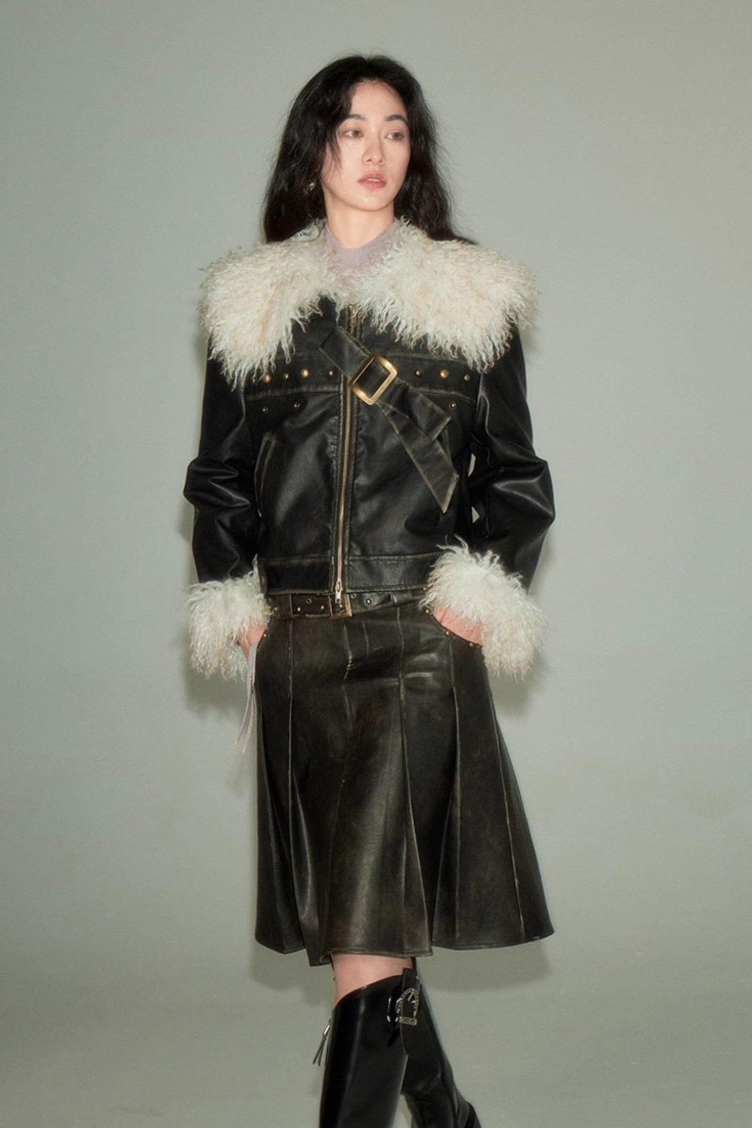 DIDDI MODA Sweet Rebel Bow Fur Leather Jacket
