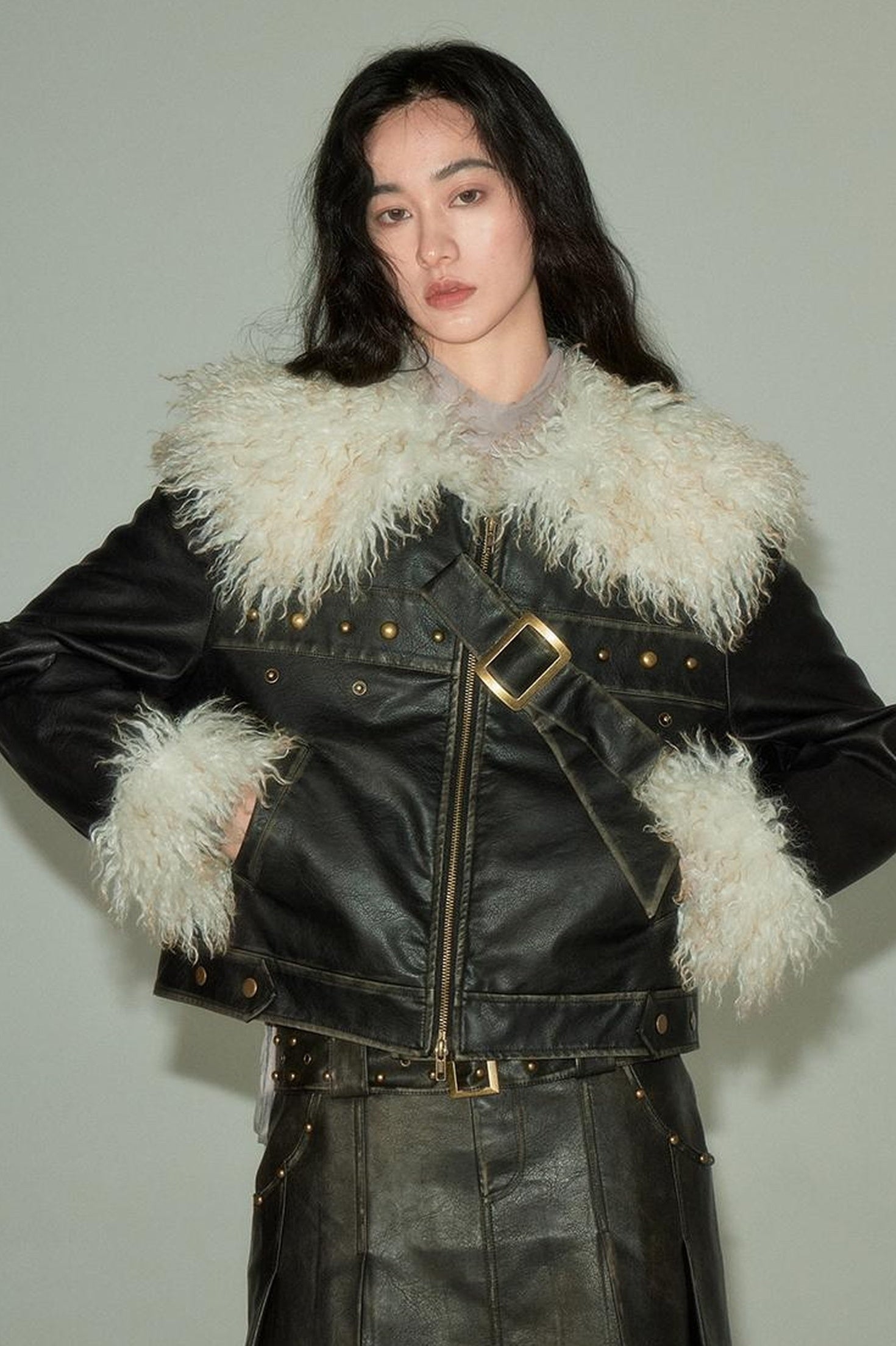 DIDDI MODA Sweet Rebel Bow Fur Leather Jacket