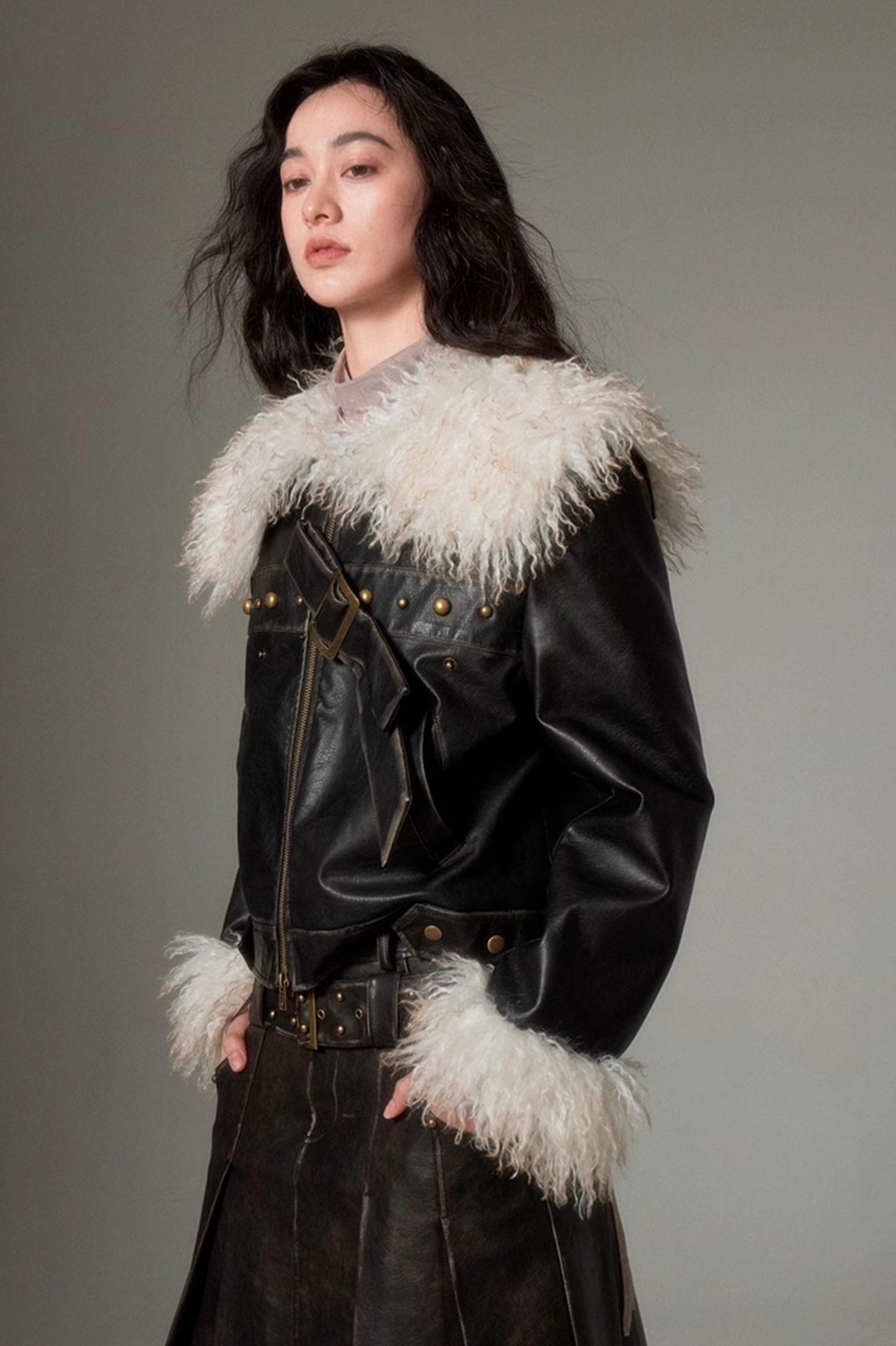 DIDDI MODA Sweet Rebel Bow Fur Leather Jacket