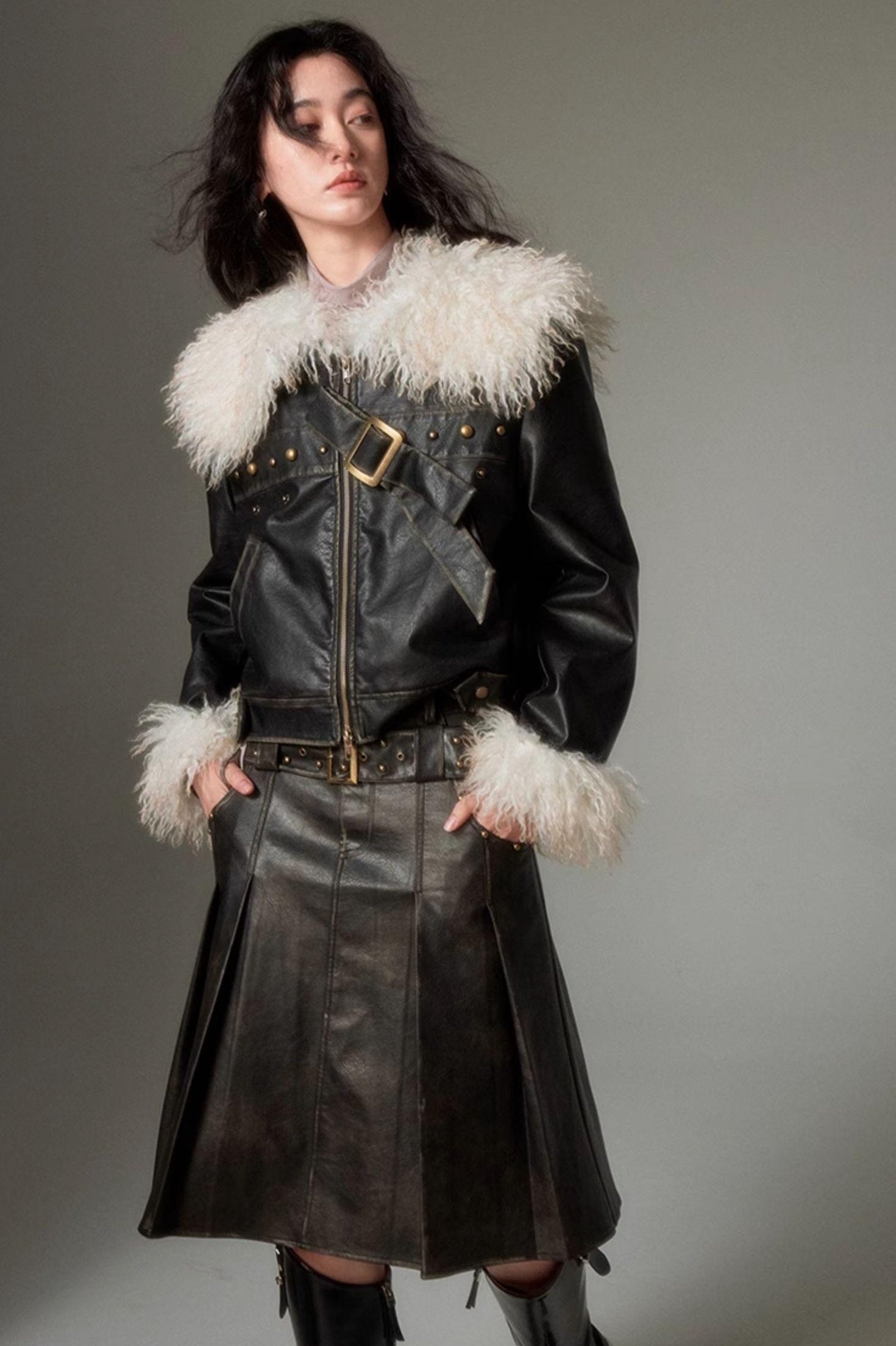 DIDDI MODA Sweet Rebel Bow Fur Leather Jacket