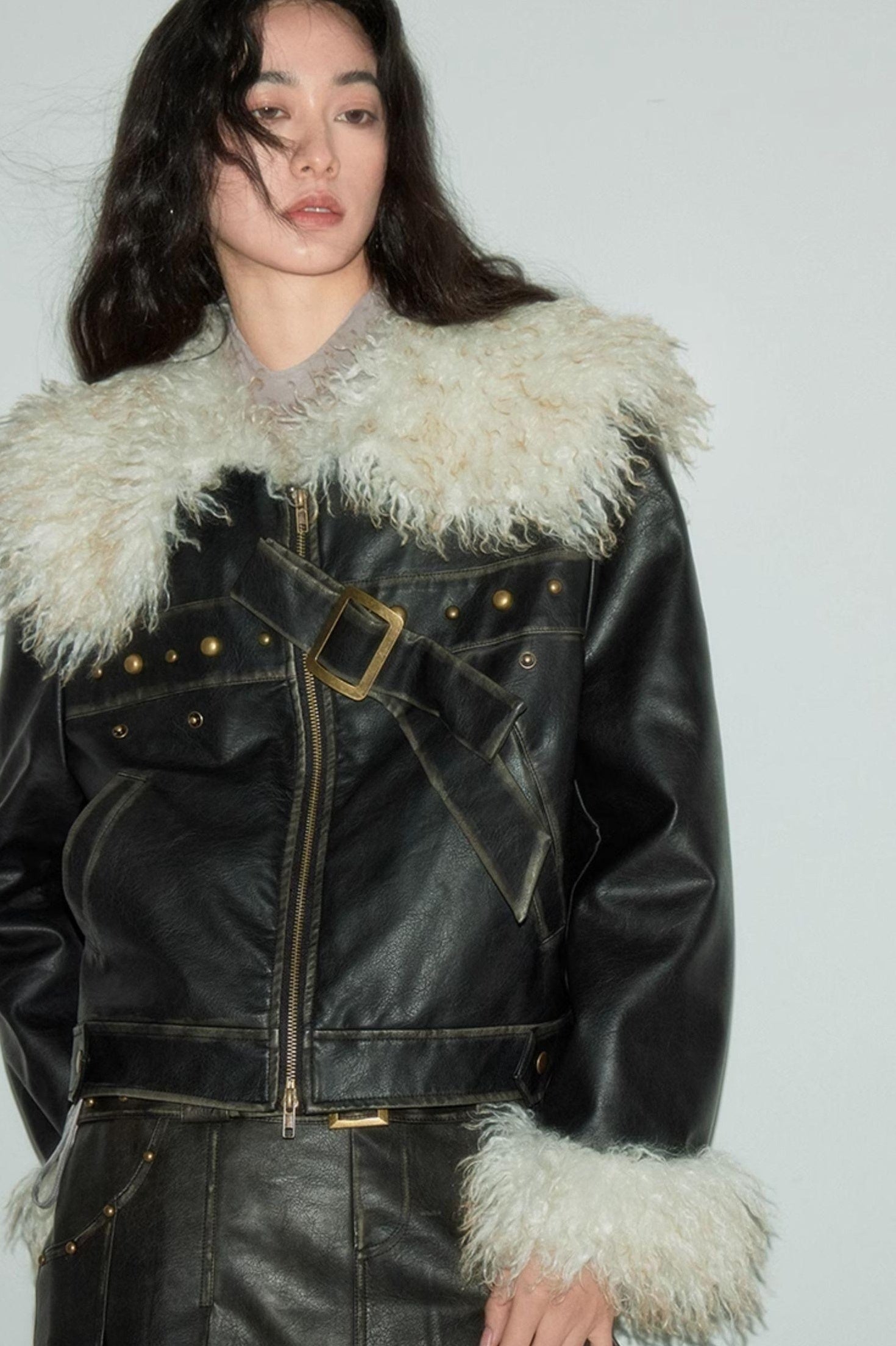 DIDDI MODA Sweet Rebel Bow Fur Leather Jacket
