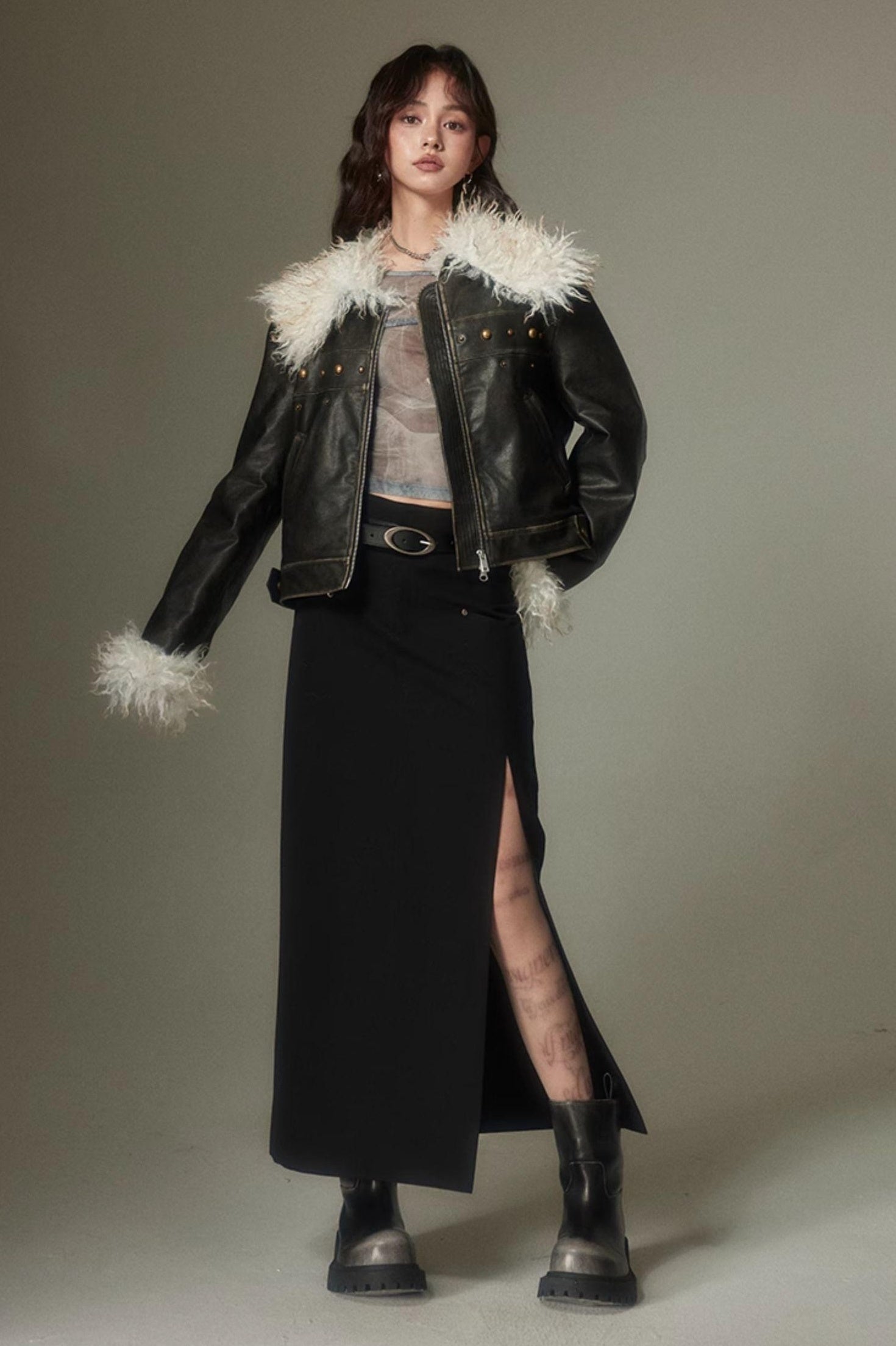 DIDDI MODA Sweet Rebel Bow Fur Leather Jacket