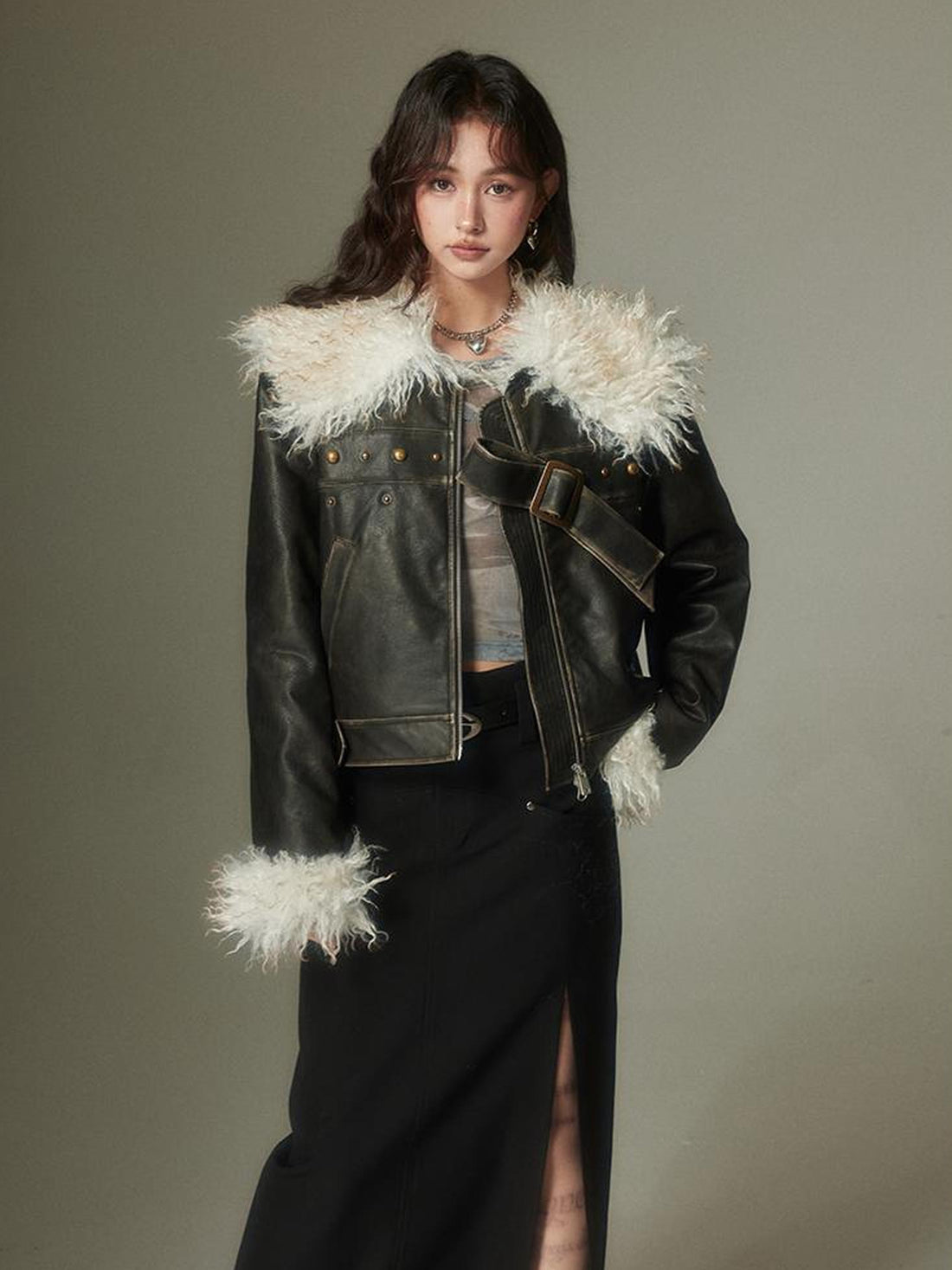 DIDDI MODA Sweet Rebel Bow Fur Leather Jacket
