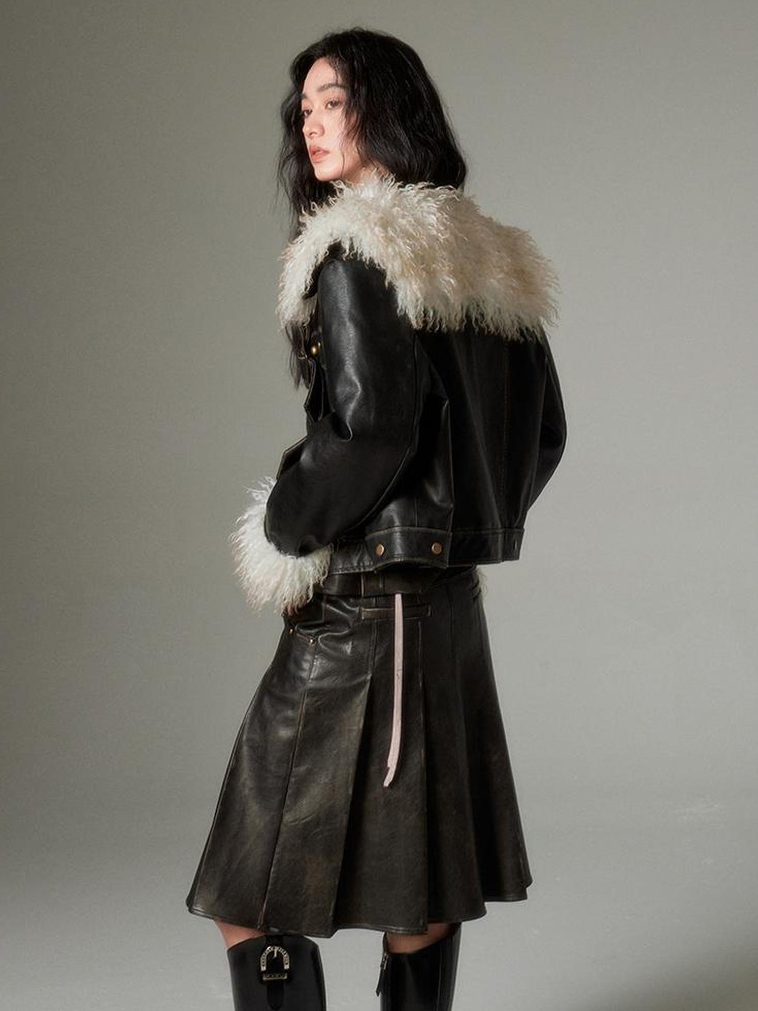 DIDDI MODA Sweet Rebel Bow Fur Leather Jacket