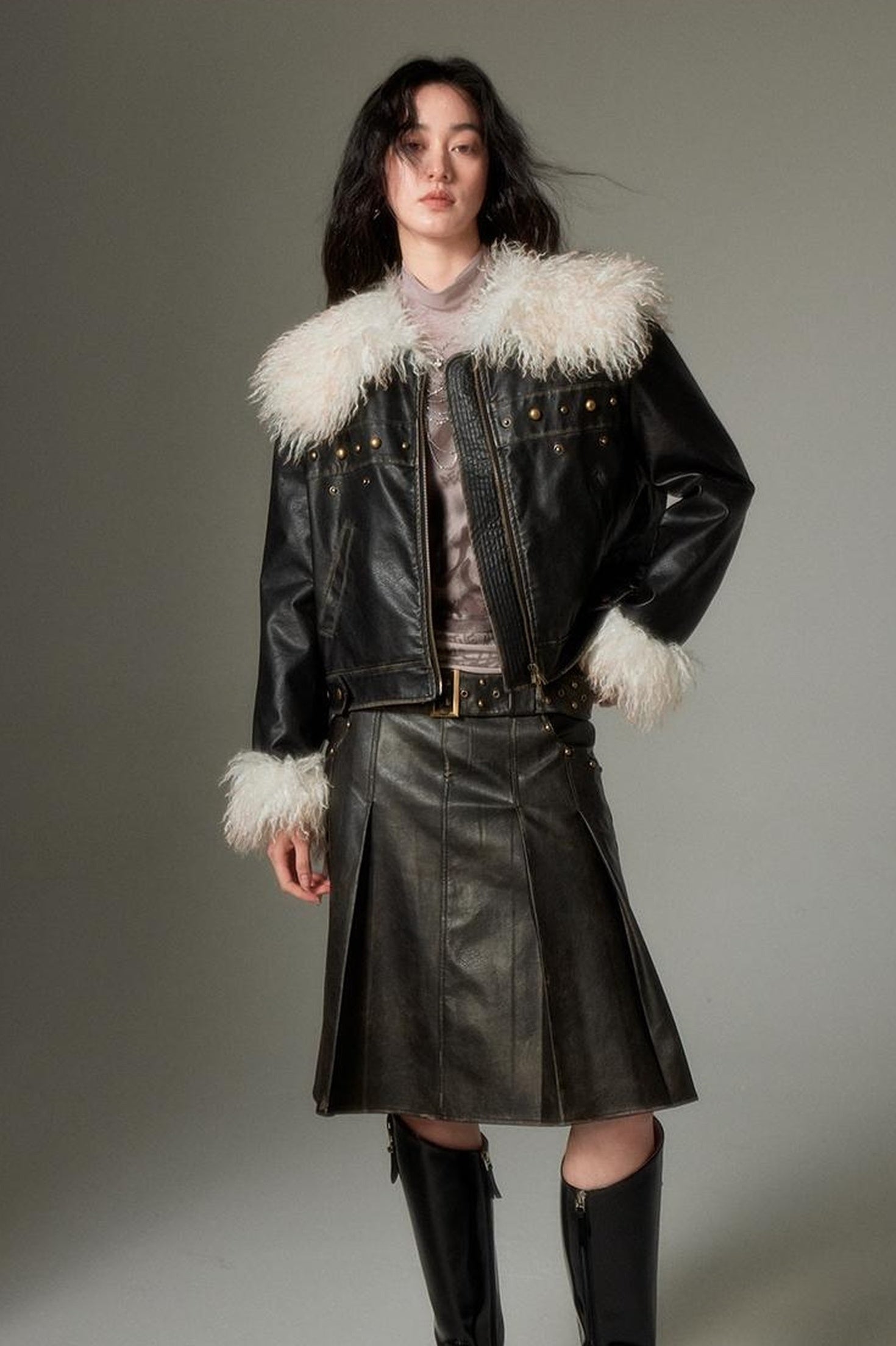 DIDDI MODA Sweet Rebel Bow Fur Leather Jacket