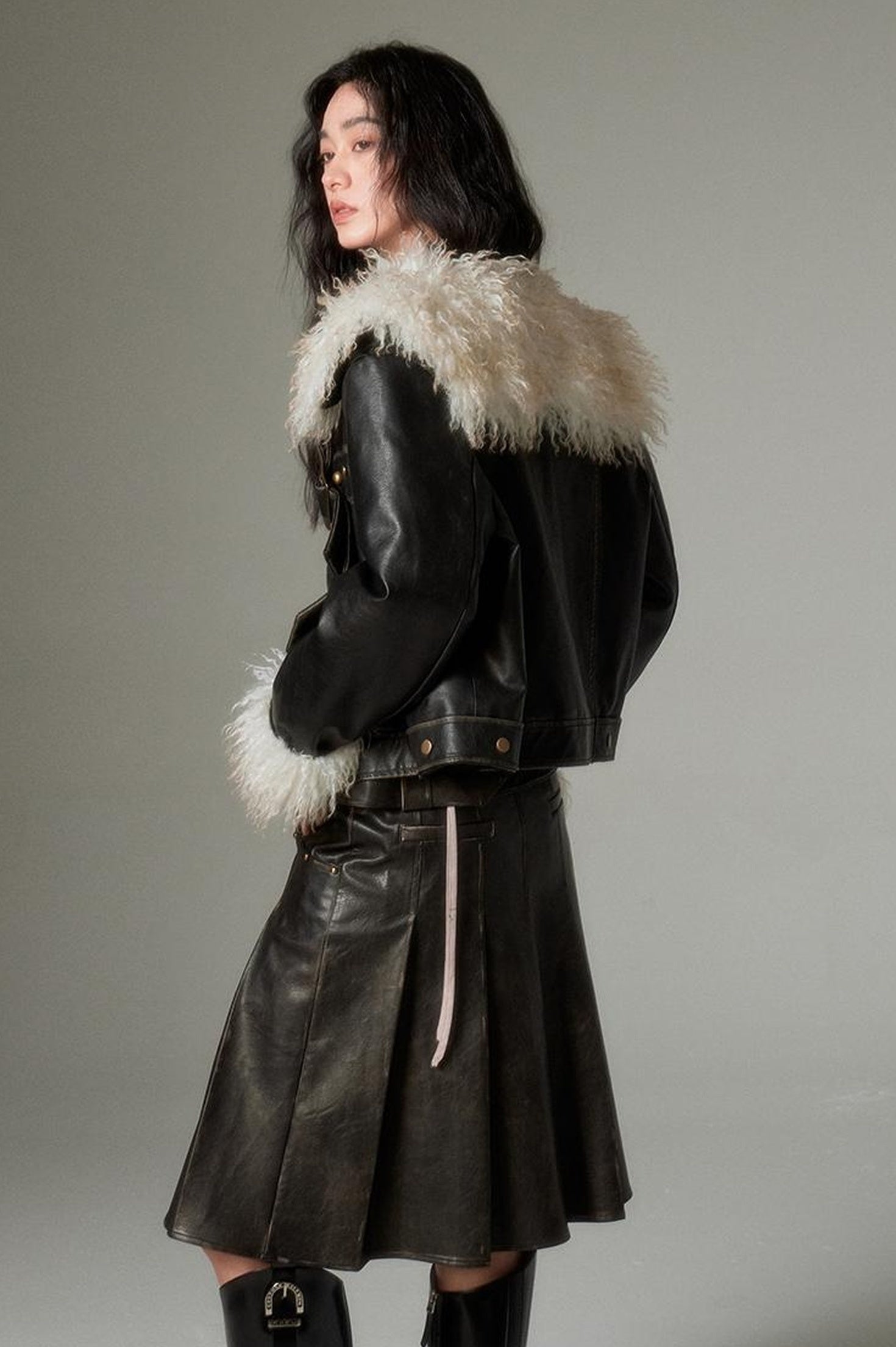 DIDDI MODA Sweet Rebel Bow Fur Leather Jacket