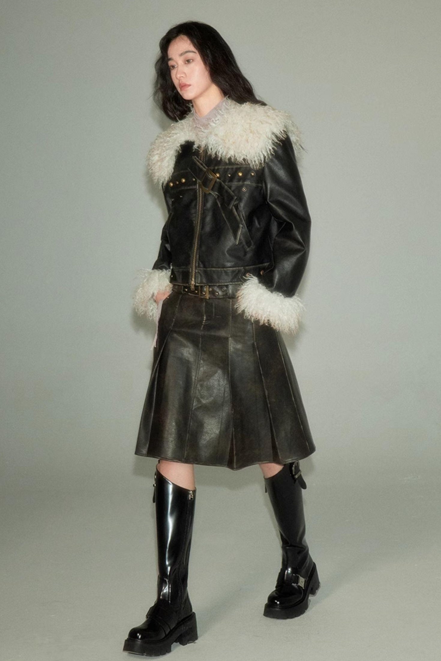 DIDDI MODA Sweet Rebel Bow Fur Leather Jacket