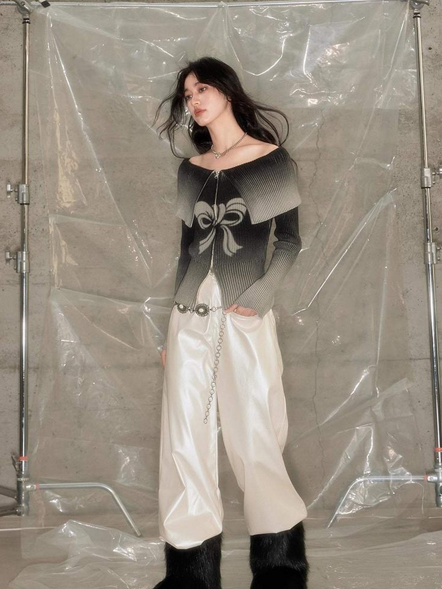 DIDDI MODA Sweet Rebel Bow Gradient Knit Cardigan