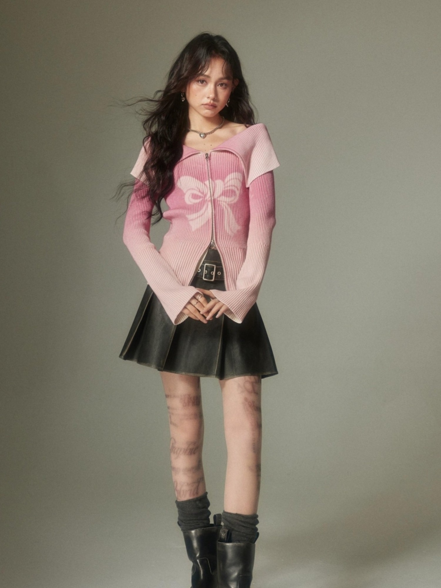 DIDDI MODA Sweet Rebel Bow Gradient Knit Cardigan
