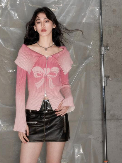 DIDDI MODA Sweet Rebel Bow Gradient Knit Cardigan