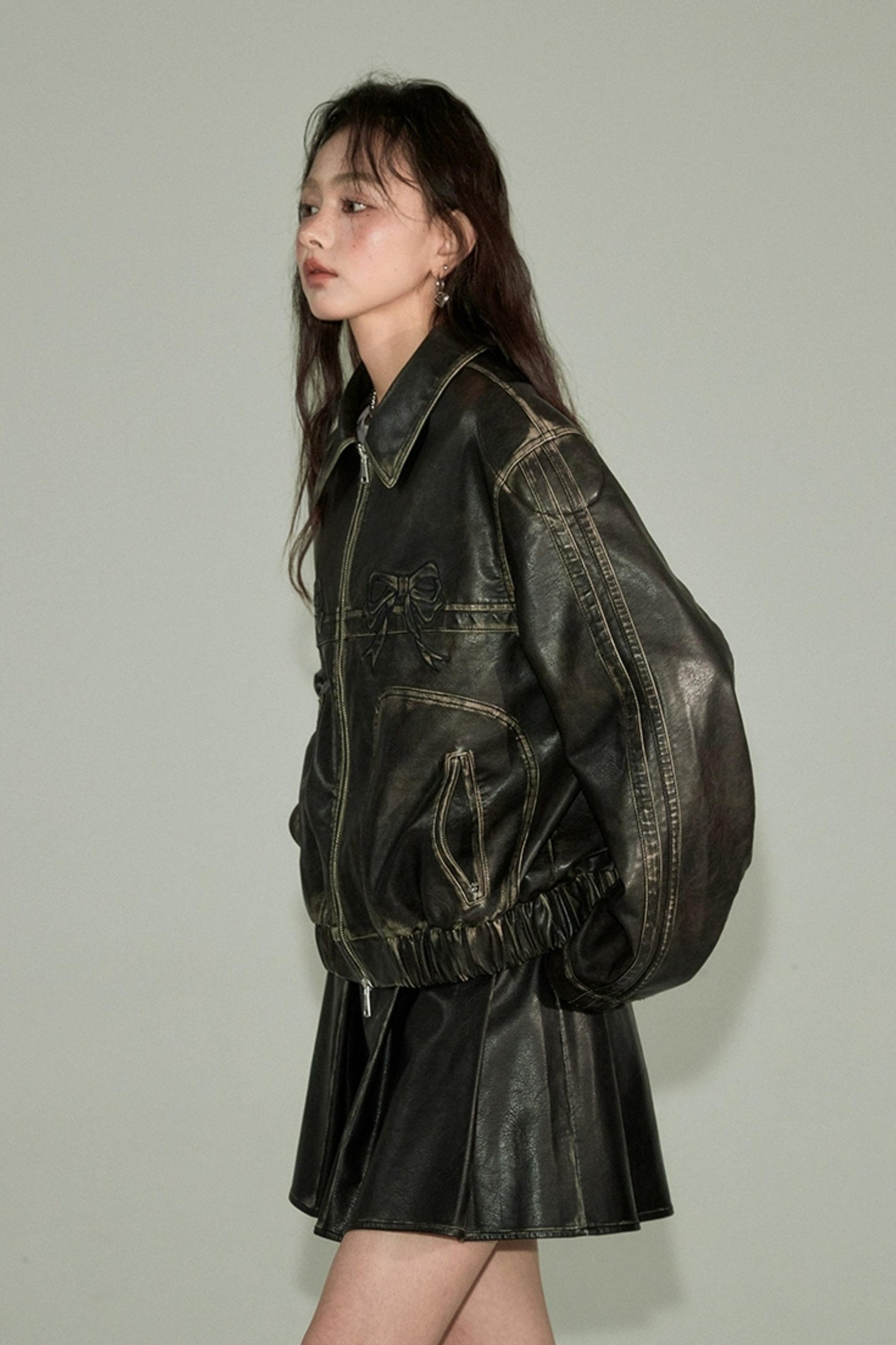 DIDDI MODA Sweet Rebel Bow Vintage Distressed Pu Jacket
