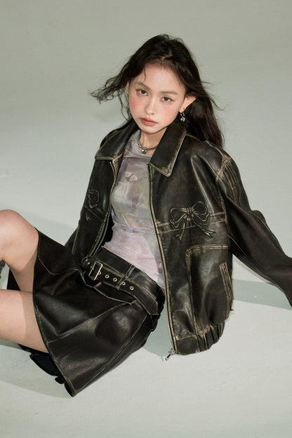 DIDDI MODA Sweet Rebel Bow Vintage Distressed Pu Jacket