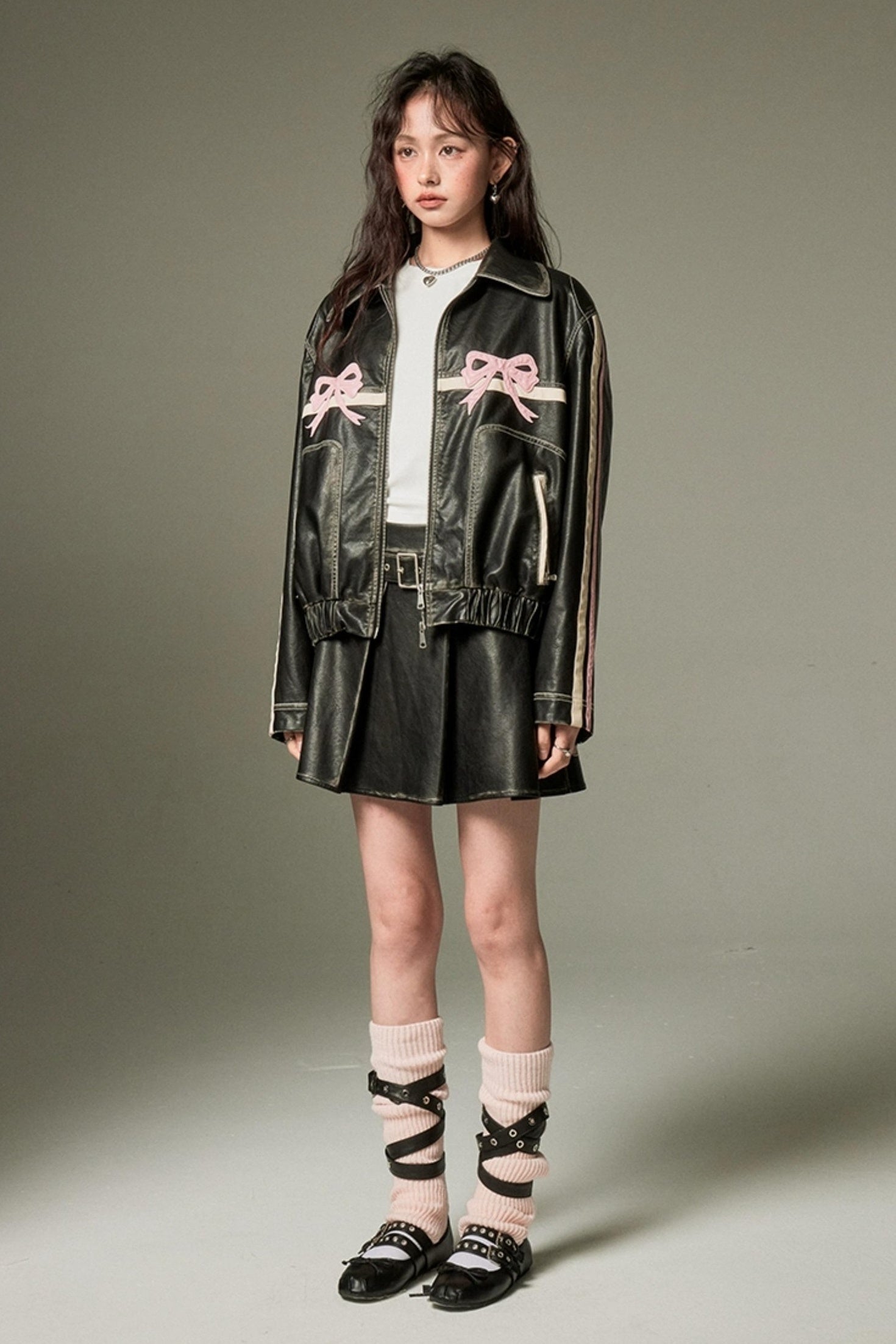 DIDDI MODA Sweet Rebel Bow Vintage Distressed Pu Jacket